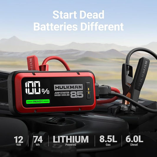 Hulkman Alpha85,Carmine Red,2000A 74Wh Car Jump Starter, Includes 65W Quick Charger,12V Portable Car Battery Jump Starter,Backup Power Bank,LED Display,Jumper Cables for up to 8.5L Gas/6.0L Diesel