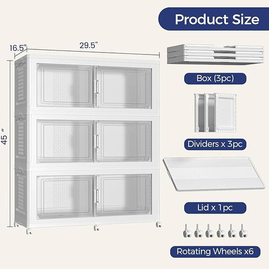 480 QT Extra Large Stackable Storage Bins with Lid, 120 Gal Collapsible Storage Box with Wheels, Folding Closet Organizers and Storage Cabinet with Doors for Home, Kitchen, Office, 3Pack White