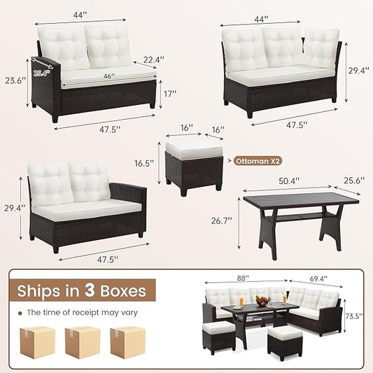 6-Piece Outdoor Patio Furniture Set - Sectional Sofa, Dining Table & Chairs Included, All-Weather Dining Set with Ottoman, Brown Wicker and White Cushions
