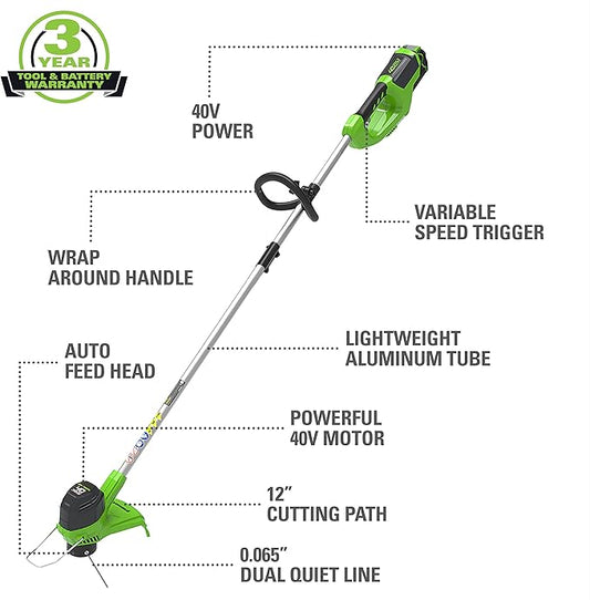 Greenworks 40V 12" Cordless String Trimmer, 0.065" Dual Line with Auto Feed, Variable Speed, Lightweight Weed Eater, 3-Year Warranty