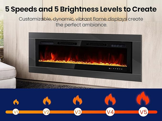 70" Electric Fireplace Realsmart Wall Mounted and Recessed 1500W Fireplaces Heaters with Remote Control Slim Black Wall Fireplace Adjustable 12 Flame Colors&5 Brightness Cool Touch Screen Timer