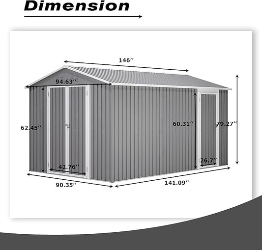 8x12 FT Sheds & Outdoor Storage with Double Doors & Floor Frame Heavy-Duty Metal Outdoor Storage Shed With Vents, Sloping Roof Waterproof Tool Sheds Perfect to Store Patio Furniture, Garden Tools Grey