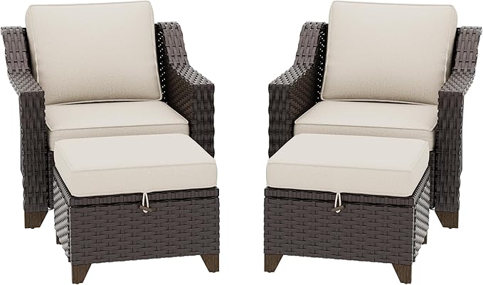 4 Pieces Patio Conversation Furniture Set - 2 Chairs with Ottomans Set of 2, Outdoor Wicker Armchairs with Water-Resistant and Washable Cushions for Porch, Balcony, Sunroom (Beige)