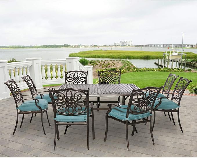 Hanover Traditions 9-Piece Patio Dining Set with 60" Square Cast-Top Dining Table and 8 Chairs with Blue Cushions, Modern All Weather Outdoor Dining Set with Rust-Resistant Aluminum Frames