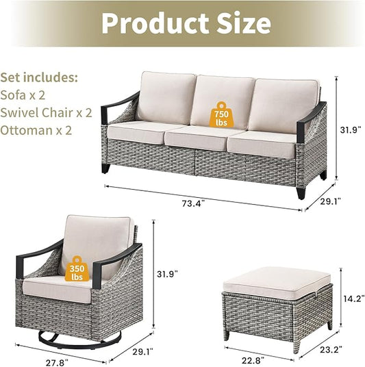 6 Pieces Patio Furniture Sets - All Weather Outdoor Swivel Rocker Patio Chairs with 3-Seat Sofa and Multifunctional Ottomans, Outdoor Conversation Set for Garden Porch Balcony Deck Gray/Beige