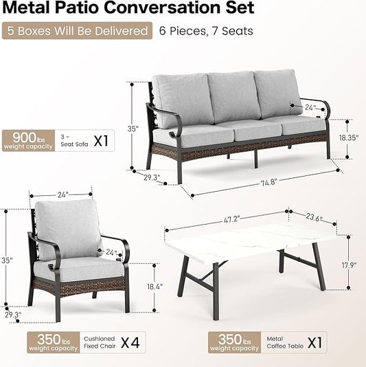 4 Piece Metal Outdoor Patio Furniture Set, Patio Conversation Sets 1 3-seater Sofa, 2 Chairs with 5.75" Extra Thick Cushion and Coffee Table, Black Frame Backyard Furniture, Light Gray
