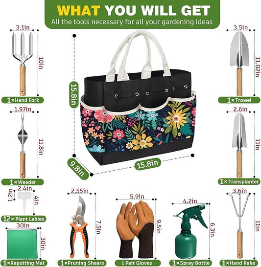 22Pcs Gardening Tools Set for Women Heavy Duty Garden Hand Tool Kit Gardener Gifts for Beginner Gardening Accessories with Tote Bag/Shovel/Repotting Mat/Plant Labels/Gloves-Black