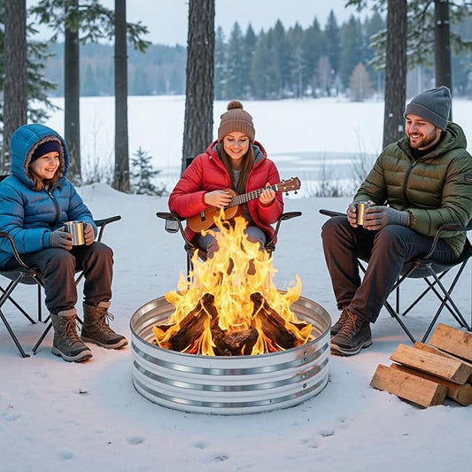 OLIXIS 3FT Round Fire Ring Pit, Outdoor Camp Firepit, Heavy Duty Galvanized Steel 36 Inch Foldable Outside Wood Burning Bonfire Fire Pit Ring for Camping, Backyard, Garden, Beach, Yard Gatherings