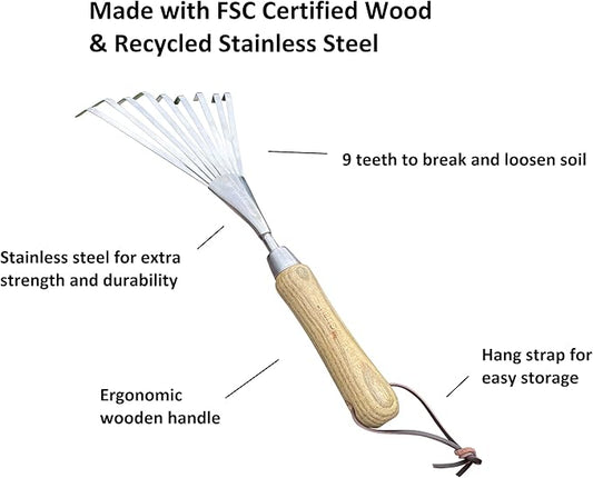 Garden Guru Eco Hand Rake Soil Tiller- 100% Recycled Stainless Steel - Rust Resistant - FSC Certified Wood Ergonomic Handle - Great for Gardening Cultivating,Loosening Soil & Spreading Mulch (4 Pack)