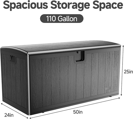 JEKO&JEKO 110 Gallon Outdoor Storage Box – Large Plastic Deck Box with Lockable Lid for Patio Furniture, Garden Supplies, and Shoes, Black
