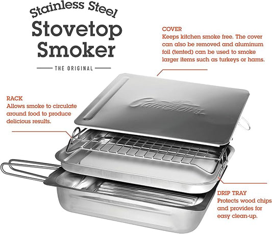 Camerons Original Stovetop Smoker -Smoker Box Gift Set w/Oak, Apple, Hickory Wood Chip Pints & Recipe Guide- Indoor Outdoor Use - Great for Smoking Meats - Barbecue Grilling Holiday Xmas Gift for Men