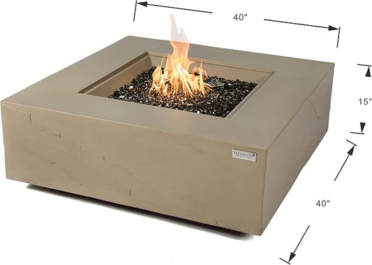 Elementi+ | Uluru Gas Fire Pit Cast Concrete 40" Square Fire Table, Outdoor Fire Pit Electronic Ignition | Canvas Cover, Fire Glass and Burner Lid Included | Sunlight Yellow | Natural Gas