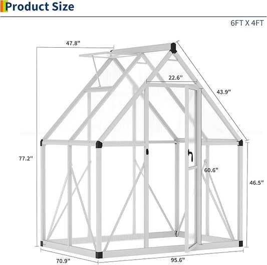 6 x 4 ft Greenhouse, Polycarbonate Walk-in Greenhouse with Aluminum Frame, Adjustable Roof Vent and Lockable Door, Green Houses for Outside, Garden, Backyard and Patio, Easy Assembly