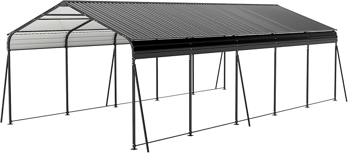 Metal Carport 13x26.5 ft Car Port, Heavy Duty Carports with Enhanced Base, Multi-Use Garage Shed for Car and Truck, Campcraft, Carport Kit with Galvanized Steel Frame & Roof (Dark Gray, 13 * 26.5FT)