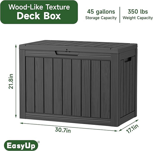 EasyUp 45 Gallon Outdoor Storage Box, Resin Waterproof UV-Resistant Deck Box, Reinforced Stability for Patio, Garden, and Poolside, Striped Black