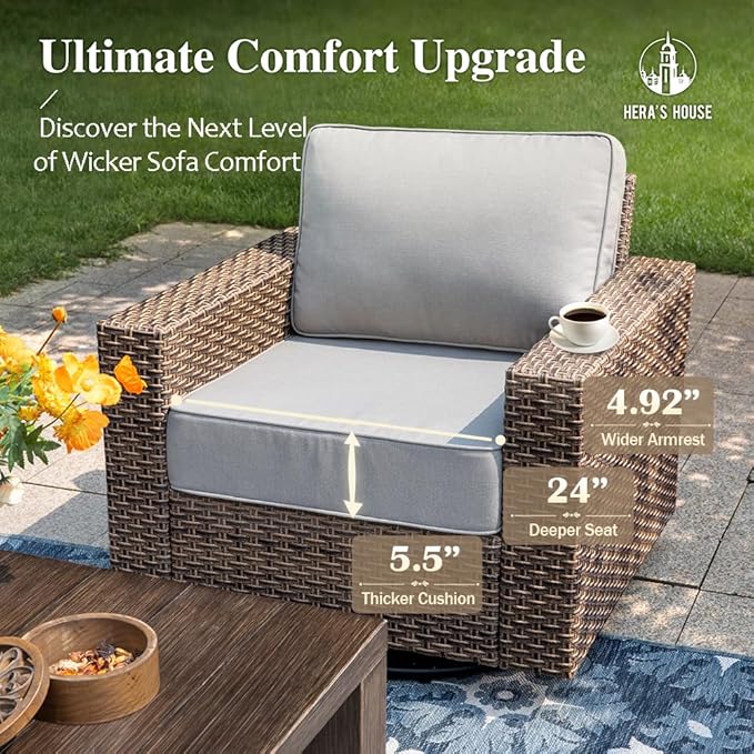 HERA'S HOUSE Swivel Glide Patio Furniture Conversation Set, Outdoor Wicker Chairs with 4.92" Widened Armrest, 6 Pieces Deep Seating Rattan Sofa with 5.5" Gray Cushions for Deck Garden Yard