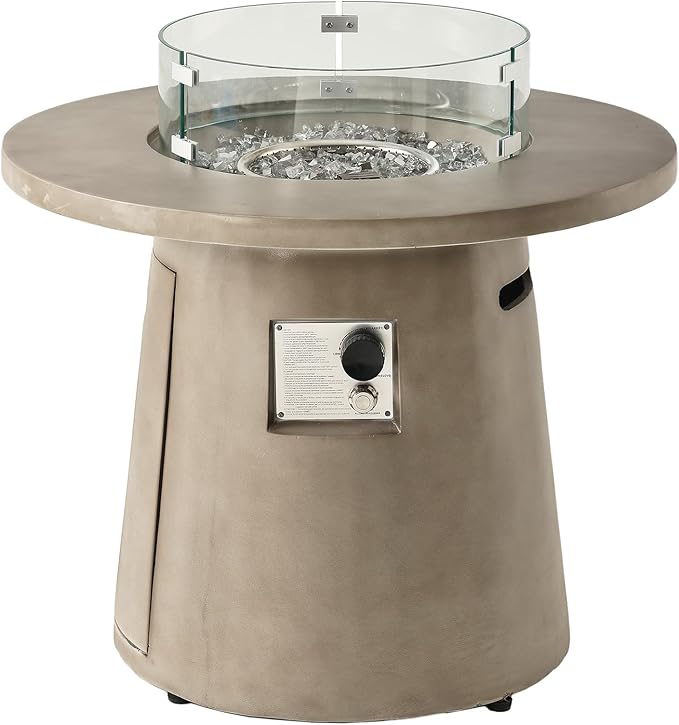 HOMPUS Outdoor Propane Fire Pit, 31 inch Round Gray Propane Fire Pit with 10lbs Aqua Transparent Gray Fire Glass, 40000 BTU Gas Smokeless Fire Pit Table, Patio Concrete Firepit with Rain Cover