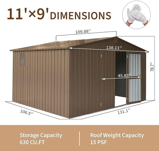11x9ft Outdoor Storage Shed with Windows, Galvanized Steel Garden Shed, Lockable Double Doors and 16 Vents, Large Capacity Utility Tool Storage for Backyard Patio