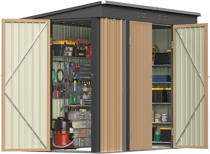 Patiowell 8x4 FT, Outdoor Storage Shed, Heavy Duty Tool Storage Sheds with 3 Lockable Doors and Updated Frame Structure for Backyard Patio Lawn, Brown