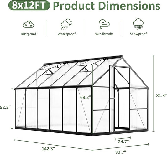 8×12 FT Greenhouse for Outdoors, Quick Setup Polycarbonate Greenhouse with Roof Vent, Walk in Green Houses for Outside for Outdoor Garden Backyard, Black