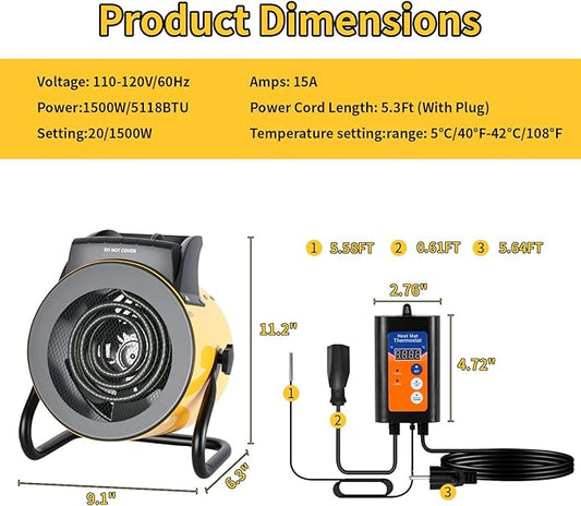 Greenhouse Heater with Digital Thermostat, 1500W Electric Outdoor Heater, Overheat Protection, Fast Heating, Waterproof for Grow Tent, Green House, Patio, Yellow