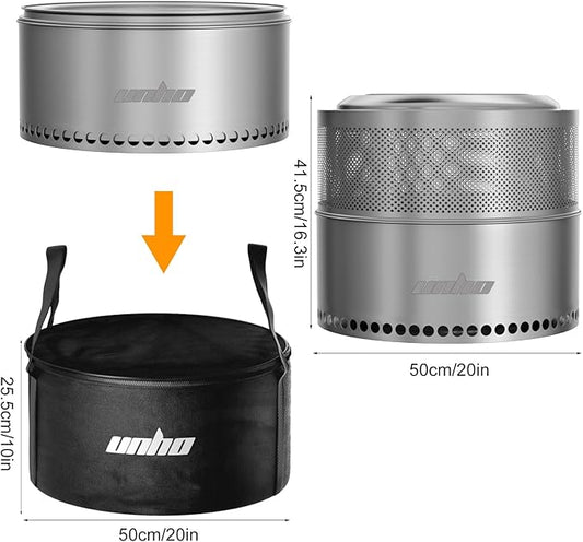 unho 20 Inch smokeless firepit for Outside Wood Burning Stove, Stainless Steel Outdoor Portable Fire Pit for Backyard, Patio, Garden, Picnic