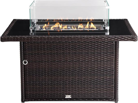 44 in. x 32 in. Rectangular Outdoor Brown Wicker Aluminum Propane Fire Pit Table in Tempered Glass w/Fire Glass, Add Warmth and Ambience to Gatherings and Parties On Patio Deck Garden