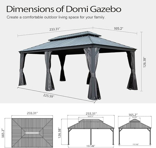 Domi 14x20FT Outdoor Gazebo, Hardtop Gazebo with Galvanized Steel Double Roof, Metal Gazebos with Drainage System Patio Pergola for Patio Deck Backyard,Curtain and Netting,Gray