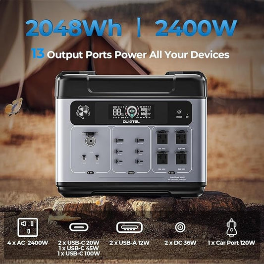 OUKITEL Portable Power Station 2048Wh, 2400W (5000W Surge), Pure Sine Wave AC Outlet, LiFePO4 Battery for Home Backup, Outdoors Camping,Christmas gifts