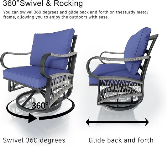 3 Pieces Glider Rocking Chairs, Outdoor Swivel Rocker Chairs with Blue Padded Cushions, Patio Bistro Furniture Set with Side Table for Porch Balcony Backyard Deck Poolside, Blue