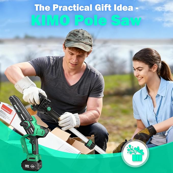 KIMO 2-IN-1 Electric Pole Saws for Tree Trimming, 8" Mini Chainsaw Cordless, 16FT Max Reach Extension Pole, 2×4.0Ah Batteries,Fast Charger, Brushless Pole Chain Saw for Tree Trimmer Limb Branch Cutter
