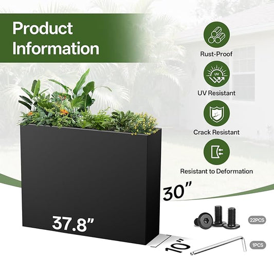 Metal Planter Box 38" x 10"x 30",Heavy-duty Galvanized Steel Outdoor Planter with Removable Built-in shelf and Drainage Holes,Rectangular Planter for Porches, Gardens, Patios, and Courtyards,Black