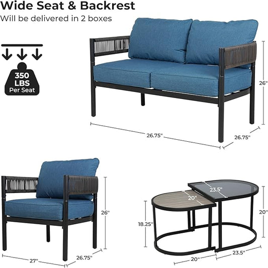 Grand patio 5-Piece Outdoor Furniture Set, 4 Seats Wicker Sofa Conversation Set with Thick Cushions and Coffee Table, for Backyard, Balcony, Garden (Peacock Blue)