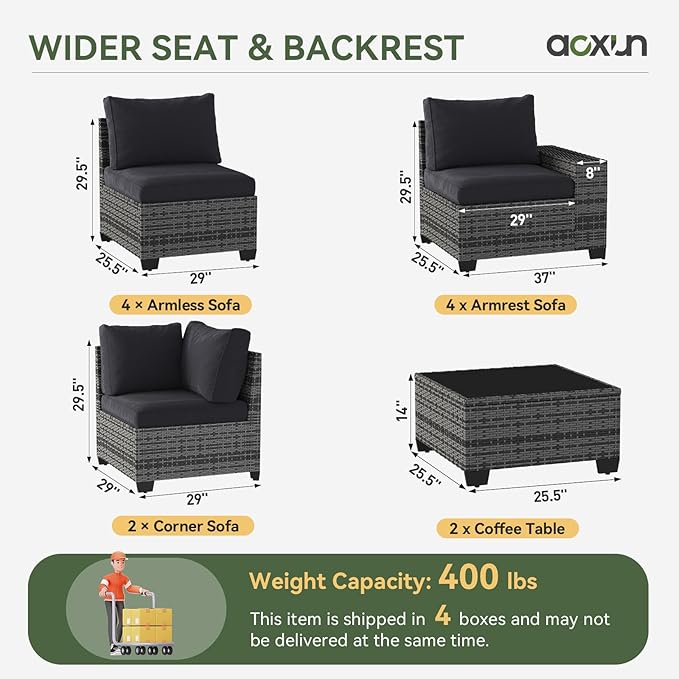 Aoxun Patio Furniture Set, 12 Pcs Outdoor Patio Furniture Sets with 4 in Thicken Cushion, Widen Armrests Wicker Outdoor Sectional for Backyard (Waterproof Cover Include)