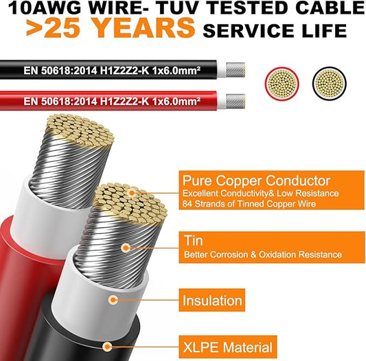 Oududianzi 2x32.8 Feet Solar Panel Wire, 10AWG Solar Wire Tinned Copper 10 Gauge Solar Cable PV Wire, for Outdoor Automotive RV Solar Panels Boat Marine (32.8FT Red + 32.8FT Black)