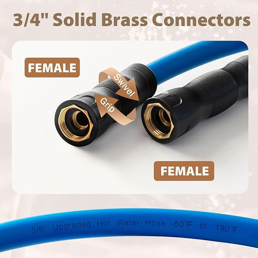 5/8" Female to Female Hot/Cold Water Leader Hose 15ft, -50℉ to 190℉ Flexible,Burst 600 Psi 3/4" Brass Fittings with Swivel Grip Handle for Outdoor,Yard, Farm, Blue