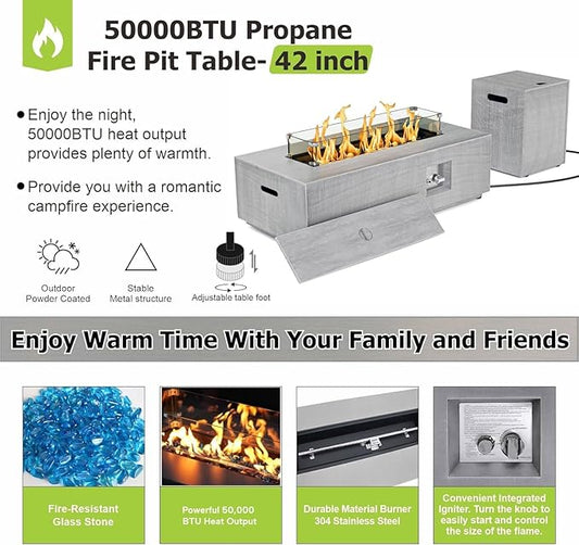 42" Rectangular Propane Fire Pit table, 50,000 BTU Fireplace Table with Wind Guard Glass, Lid, Rocks and Cover, Outdoor Fire Pit for Deck or Patio, Fogata para Patio (Light Grey, 42" Standard)