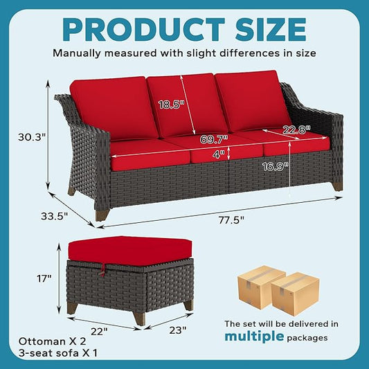 3 Pieces Outdoor Conversation Furniture Set - 77" Patio Sofa, 2 Rattan Wicker Ottomans, Patio Wicker Couch Set with Water-Resistant and Washable Cushions for Sunroom, Deck, Porch (Red)