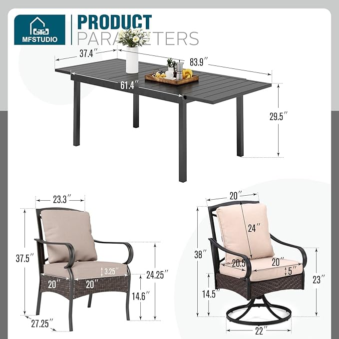 MFSTUDIO 9 Piece Patio Dining Sets, Expandable Outdoor Table and Chairs Set for 8, Patio Metal Rectangular Table & Swivel and Fixed Chairs, Large All Weather Outdoor Dining Furniture for Deck