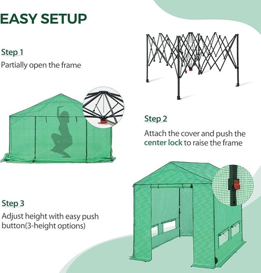 8x8 Pop Up Walk-in Greenhouse, Indoor & Outdoor PE Cover Green House with Power Access Ports, Roll-up Zippered Doors and Windows, Green