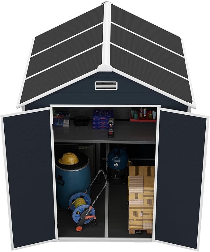 Resin Storage Shed 6x6ft, Outdoor Storage Sheds with Floor, Window, Lockable Doors and Vents, 12mm Thick pp Board, Tool Shed for Bike, Garden, Backyard, Lawn (Dark Gray, 6 * 6ft)