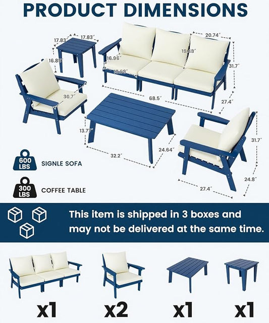 FOOWIN 7-Piece Patio Furniture Set, HDPE All-Weather Outdoor Conversation Set with Thick Cushions, Sectional Patio Sofa Furniture for Deck, Porch, Lawn, Garden, Navy Blue Frame & White Cushion