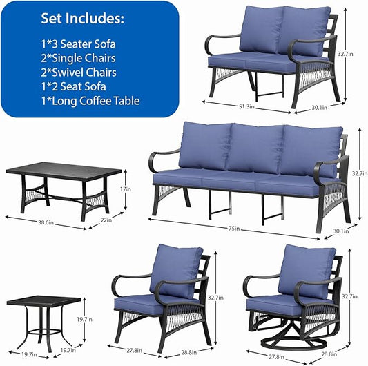 8 Piece Patio Furniture Set, 9 Seat Metal Outdoor Sectional Sofa Set with 2 Swivel Chairs, Patio Conversation Set with Thick Cushions and Coffee Table for Garden, Porch, Lawn, Blue
