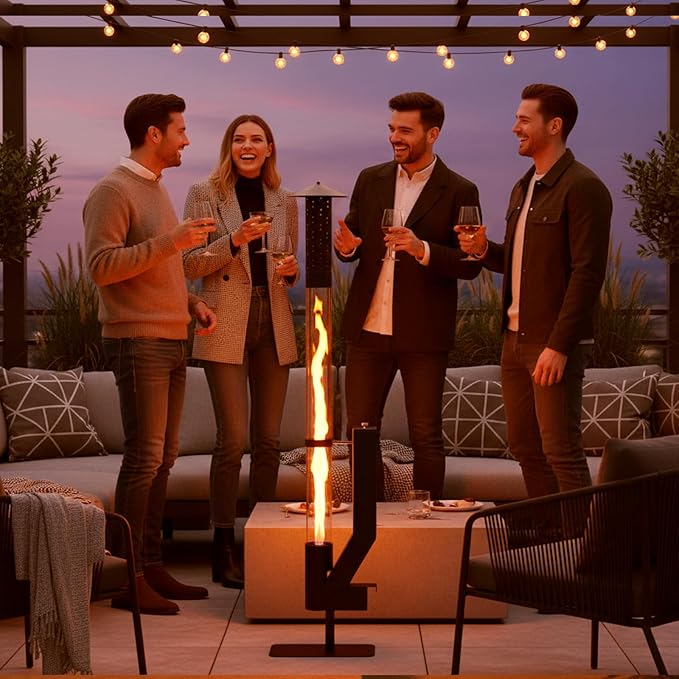 DoCred Patio Pellet Heater, 61.8" H Wood Pellet Heaters with Thickened Base, Smokeless Outdoor Glass Fire Tube Heater Metal Fire Pit for Patio, Backyard, Camping, Porch & Garden Outside, Black