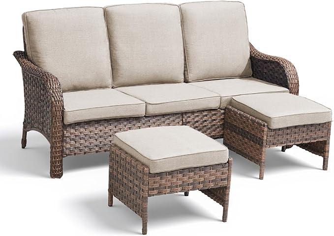 All Weather Wicker Patio Couch Set, Modern 3-Seater PE Wicker Outdoor Sofa Set with 2 Ottomans, All-Weather Thick Cushions & Curved Backrest for Patio, Balcony, Deck – Beige