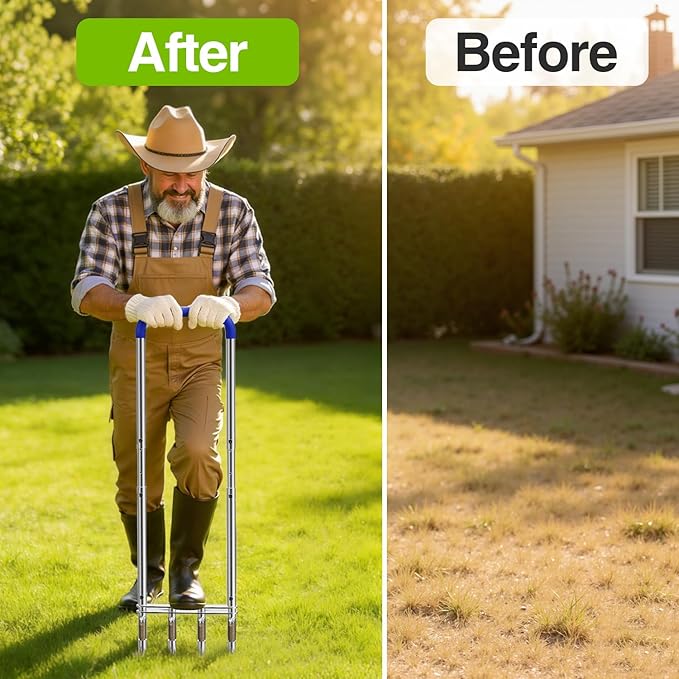 Knee-Friendly Manual Lawn Aerator Tool – SUS304 Stainless Steel Core Aerator for Grass, Yard Aeration Tool with 4 Hollow Tines for Lawn Care and Compacted Soil,43.3"-48.5",Silver