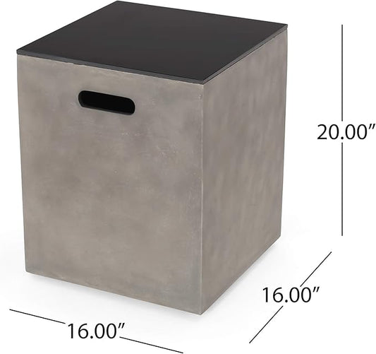 Propane Tank Cover Table for Fire Pits, 20 LB Concrete Propane Tank Holder with Side Handles, Outdoor Tank Storage Side Table for Patio, Gas Griddle, Black+Gray, Ceramic Top