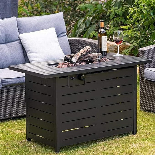 42" Outdoor Propane Fire Pit Table, Patio Rectangular Gas Fire Pit 2 in 1 Coffee Table with Firepit, 50,000 BTU, Waterproof Cover, Powder-Coated Stainless Steel with Lava Rock, CSA Certified