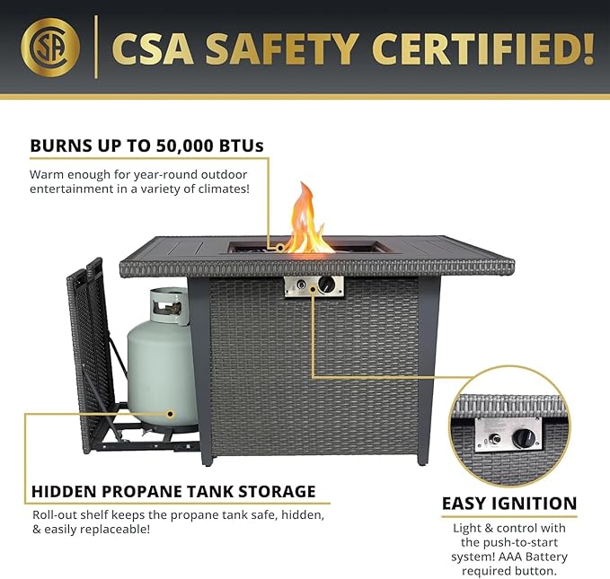 42 Inch Propane Gas Fire Pit Table, 50,000 BTU Outdoor Square Aluminum Fire Pit Table, Lid Wind + Guard + Weather Cover, CSA Certified 2 in 1 Rattan Fire Table for Patio, Garden, Backyard, Gray