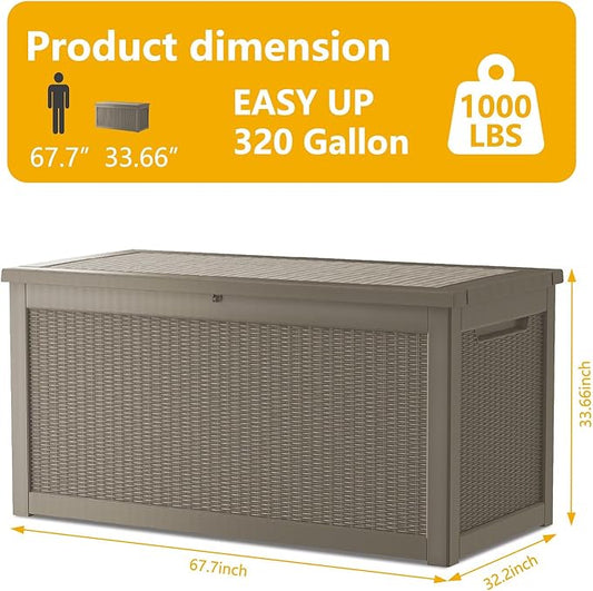 320 Gallon Deck Box, Resin Outdoor Indoor Waterproof Storage Box, Lockable Storage Box With Handle for Patio Furniture - Garden Tools - Swimming Pool Tools UV-Resistant (Grey 320 Gallon)